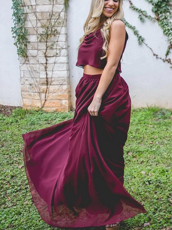 Flowy Boho Burgundy Two Piece Chiffon Bridesmaid Dresses,20081822-Dolly Gown