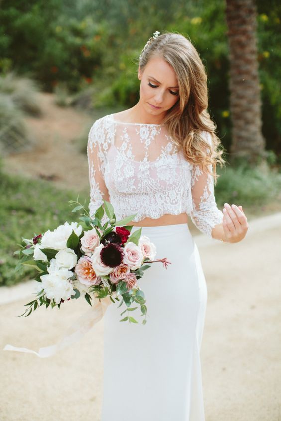 Flowy Boho Lace Crop Top Mermaid Chiffon Skirt Two Piece Wedding Dress Bridal Separates,20082339-Dolly Gown