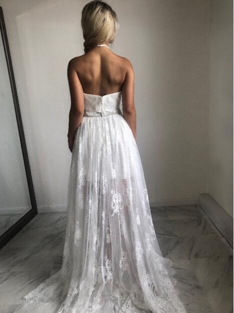Flowy Halter Lace Crop Top Boho Beach Two Piece Wedding Dress | Casual Wedding Skirt and Top Flowy Halter Lace Crop Top Boho Beach Two Piece Wedding Dress | Casual Wedding Skirt and Top