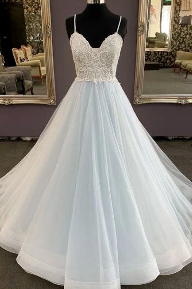 Flowy Lace Top Pale Blue Prom Dress with White Tulle Overlay