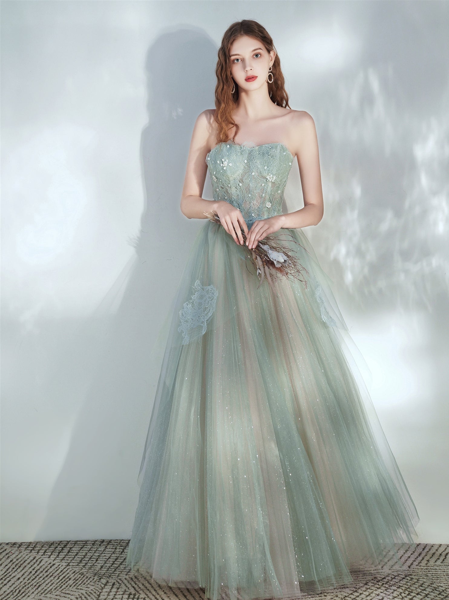 Light Green Blue Color Dress Light Green Floral Prom Dress With 3D Flower And V-Neck Light Green Blue Color Dress Light Green Floral Prom Dress With 3D Flower And V-Neck