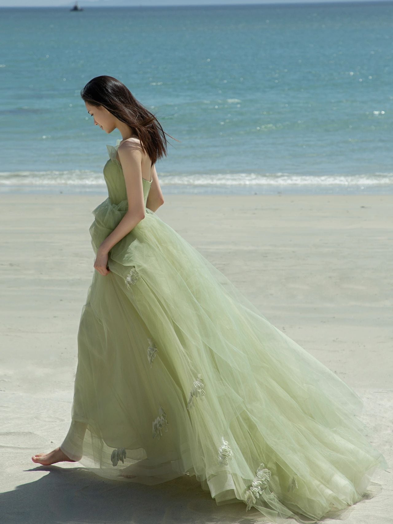 Flowy Sage Green Boho Beach Wedding Dress - DollyGown