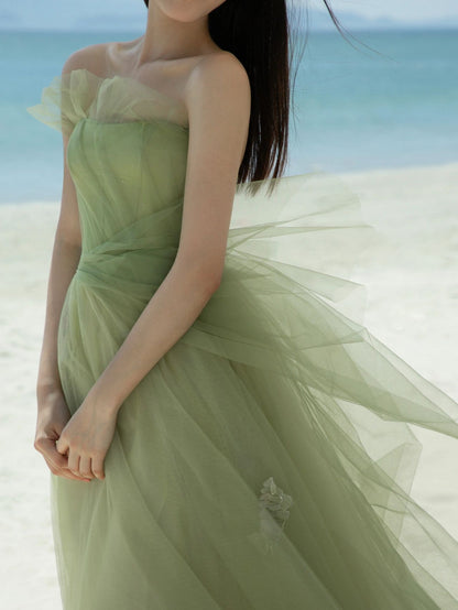 Flowy Sage Green Boho Beach Wedding Dress - DollyGown