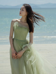 Flowy Sage Green Boho Beach Wedding Dress - DollyGown