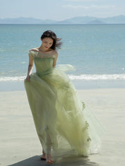 Flowy Sage Green Boho Beach Wedding Dress - DollyGown