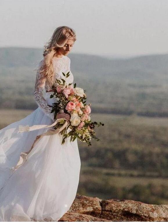 Flowy Summer Casual Two Piece Long Sleeved Lace Top Wedding Dress with Chiffon Skirt Flowy Summer Casual Two Piece Long Sleeved Lace Top Wedding Dress with Chiffon Skirt