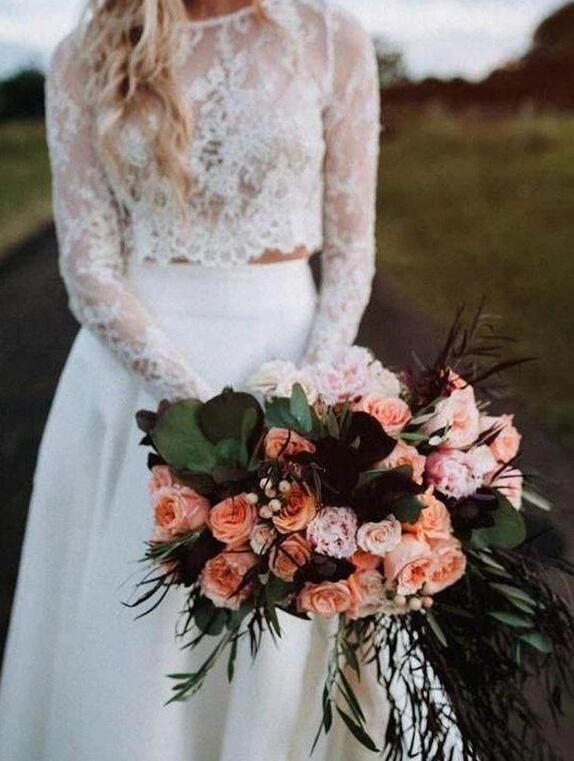 Flowy Summer Casual Two Piece Long Sleeved Lace Top Wedding Dress with Chiffon Skirt Flowy Summer Casual Two Piece Long Sleeved Lace Top Wedding Dress with Chiffon Skirt
