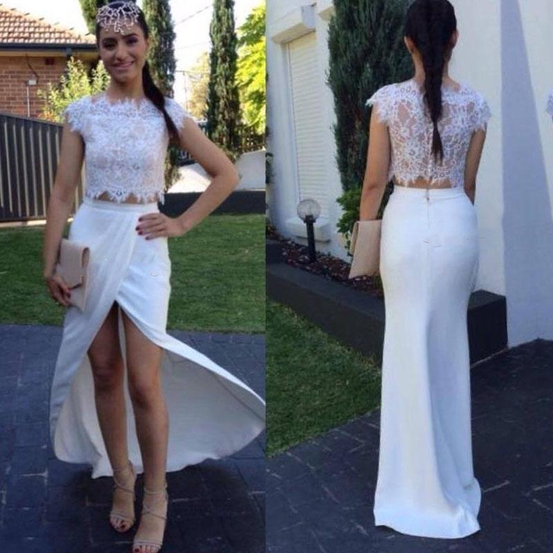 Flowy Summer Lace Cap Sleeves Top Bridal Separates with Slit Skirt,20082679-Dolly Gown