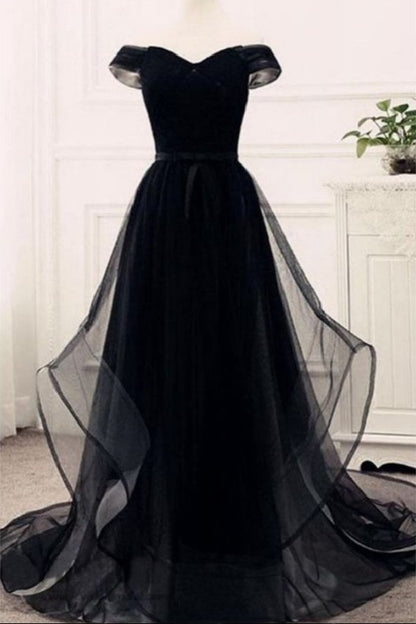 Flowy Tulle Off Shoulders Tulle Black Prom Dress - DollyGown