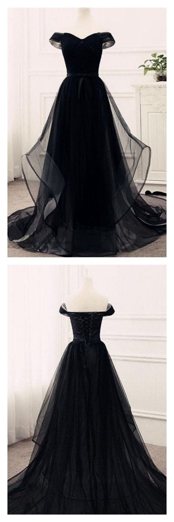 Flowy Tulle Off Shoulders Tulle Black Prom Dress - DollyGown