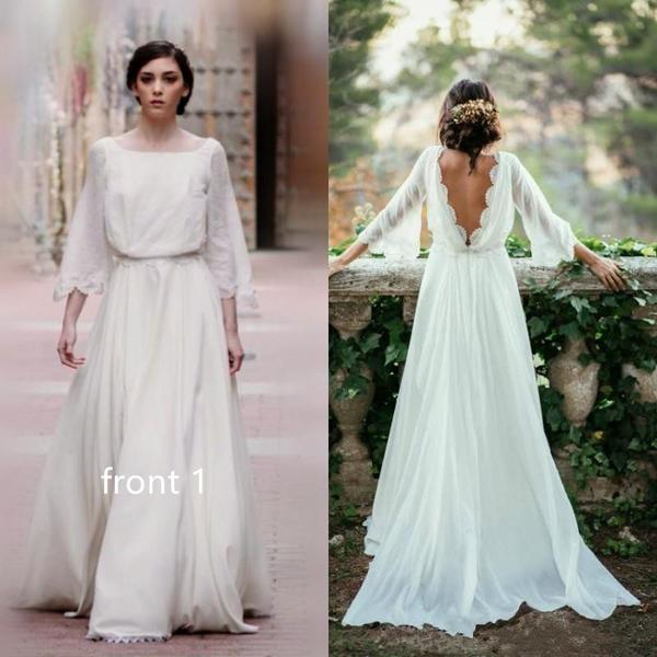 Summer Flowy Boho A-line V back Chiffon Long Sleeve Wedding Dress with Sleeves,GDC1060