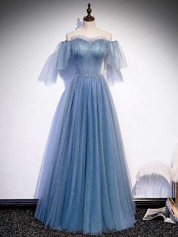 Glitter Fairytale Tulle Dusty Blue Prom Dress -DollyGown