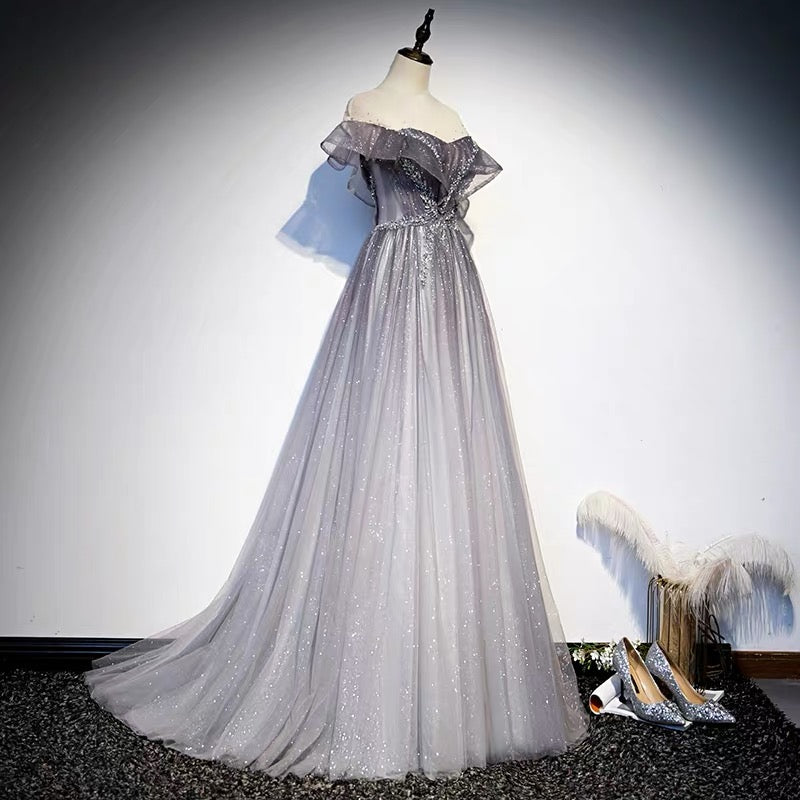Glitter Grey Gradient Tulle Long Prom Dance Dress Glitter Grey Gradient Tulle Long Prom Dance Dress