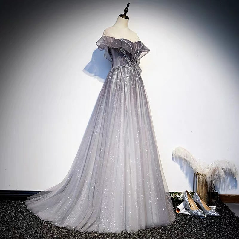 Glitter Grey Gradient Tulle Long Prom Dance Dress -DollyGown