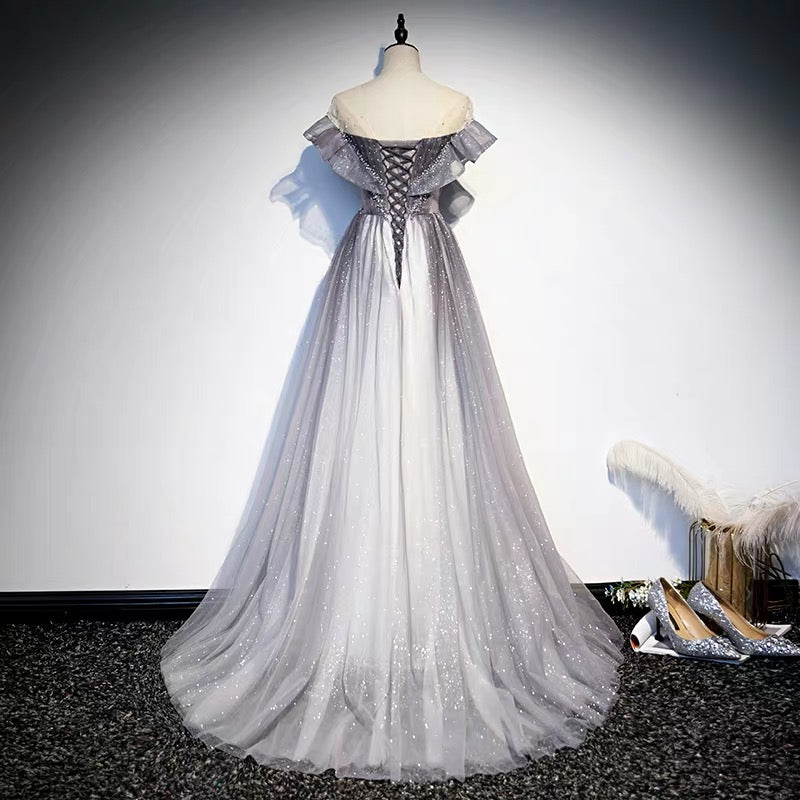Glitter Grey Gradient Tulle Long Prom Dance Dress Glitter Grey Gradient Tulle Long Prom Dance Dress