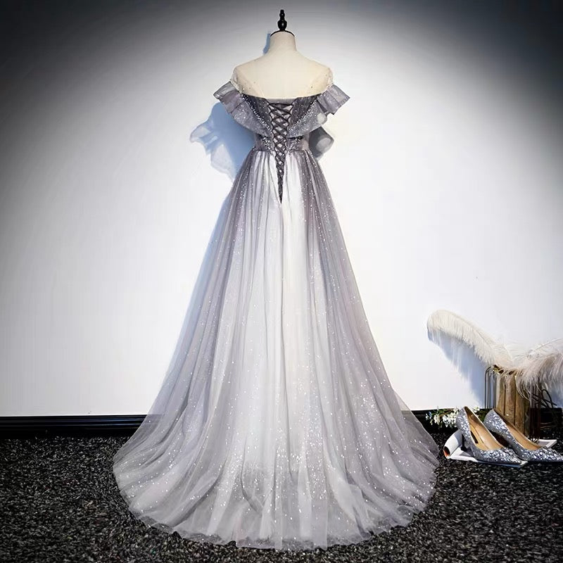 Glitter Grey Gradient Tulle Long Prom Dance Dress -DollyGown