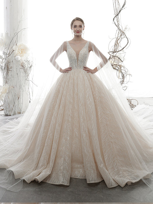 Luxury Ball Gown Champagne Tulle Dazzling Top Plunge V neck Prom Dress GDC1188