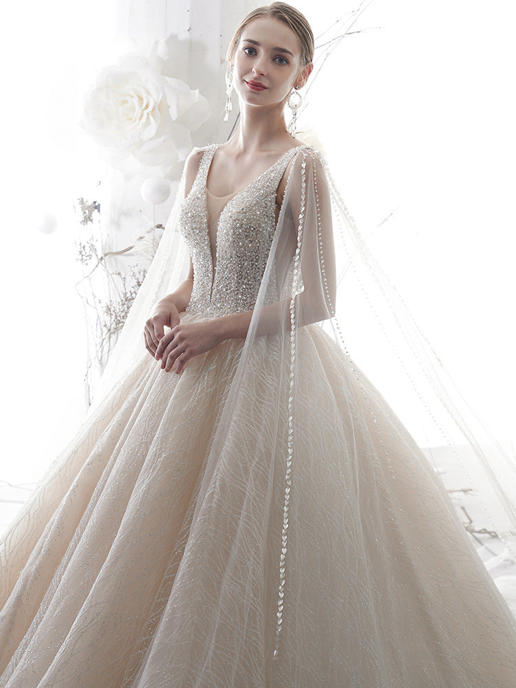 Glitter Light Champagne Plunge V Neck Sleeveless Ball Gown Wedding Dress #21011209-Dolly Gown