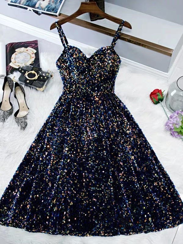 Glitter Navy Blue Sequin Short Prom Dress - DollyGown