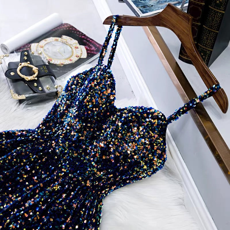 Glitter Navy Blue Sequin Short Prom Dress