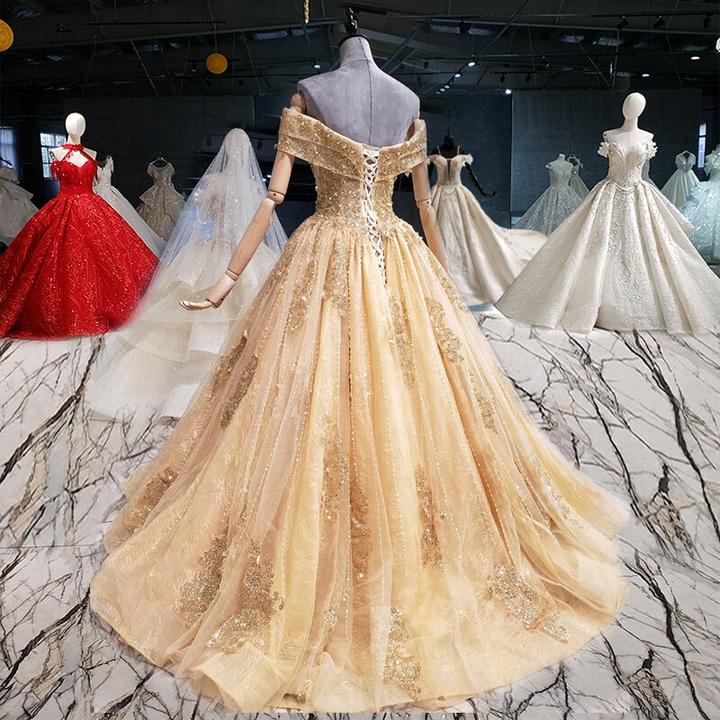 Glitter Off Shoulders Gold Sweet 15 Dress Formal Dress - DollyGown