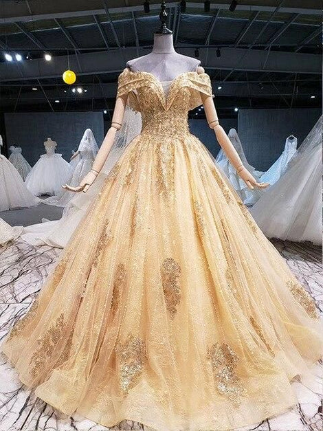 gold dress puffy Gold Long Formal Evening Dress Puffy Off Shoulder Sleeves – TANYA BRIDAL main image 1