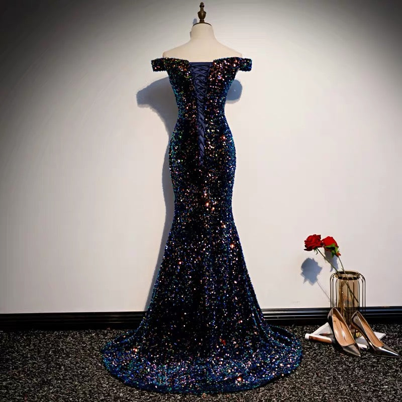Glitter navy Sequins Off Shoulders Tight Fit Formal Prom Dress Glitter navy Sequins Off Shoulders Tight Fit Formal Prom Dress