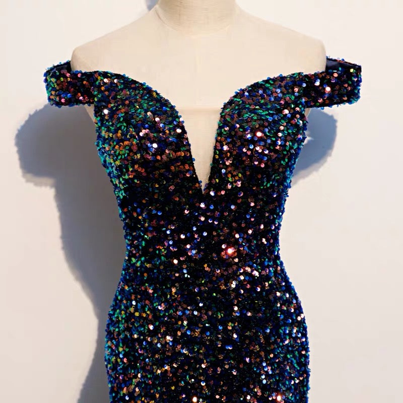 Glitter navy Sequins Off Shoulders Tight Fit Formal Prom Dress Glitter navy Sequins Off Shoulders Tight Fit Formal Prom Dress