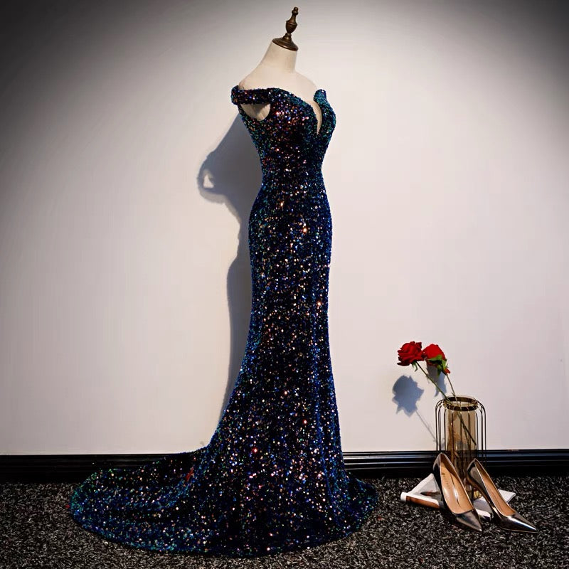 Glitter navy Sequins Off Shoulders Tight Fit Formal Prom Dress Glitter navy Sequins Off Shoulders Tight Fit Formal Prom Dress