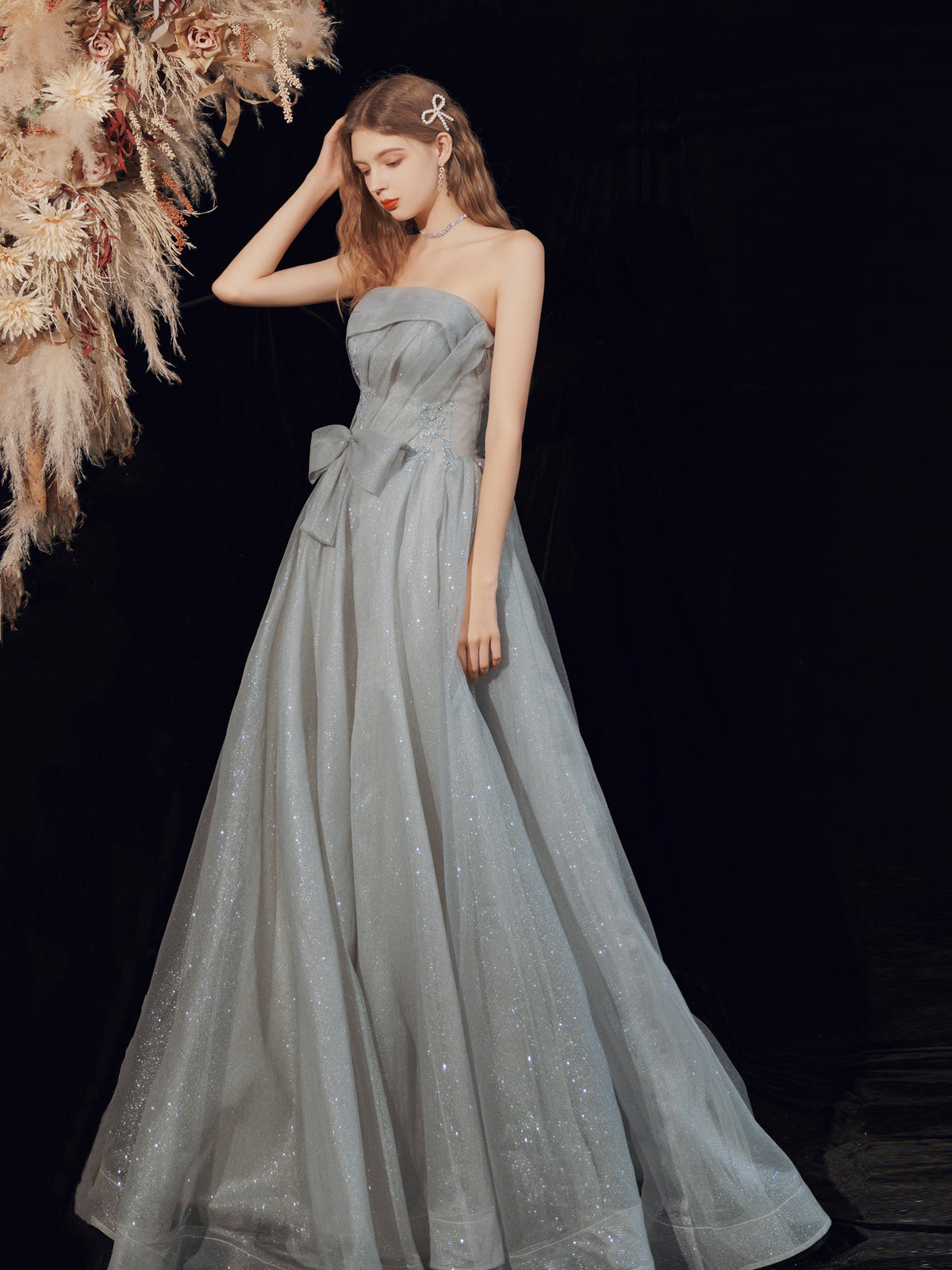 grey long dress Glitter Strapless Gray Long Prom Dress