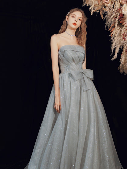 Glitter Strapless Gray Long Prom Dress - DollyGown