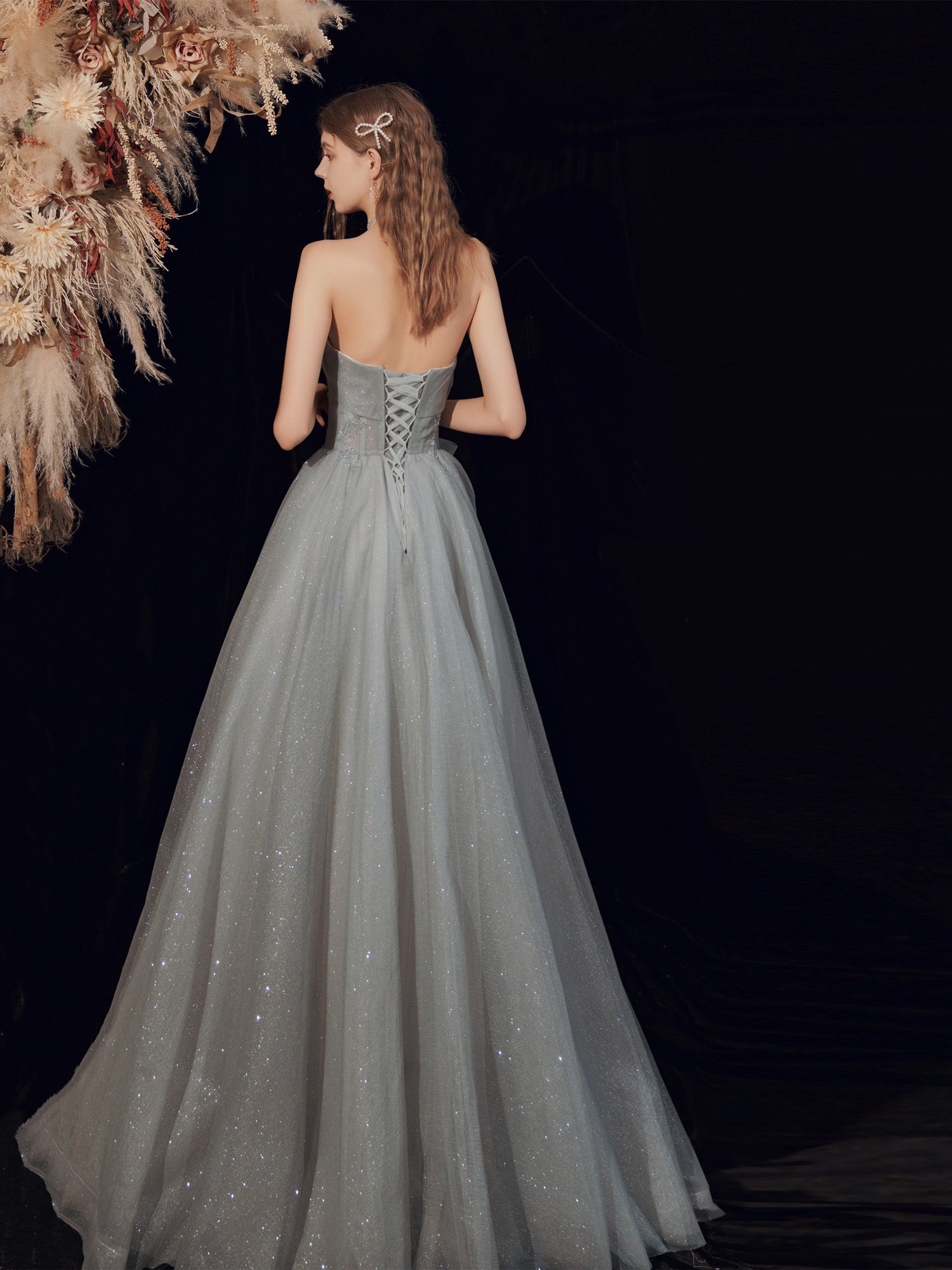 Glitter Strapless Gray Long Prom Dress Glitter Strapless Gray Long Prom Dress