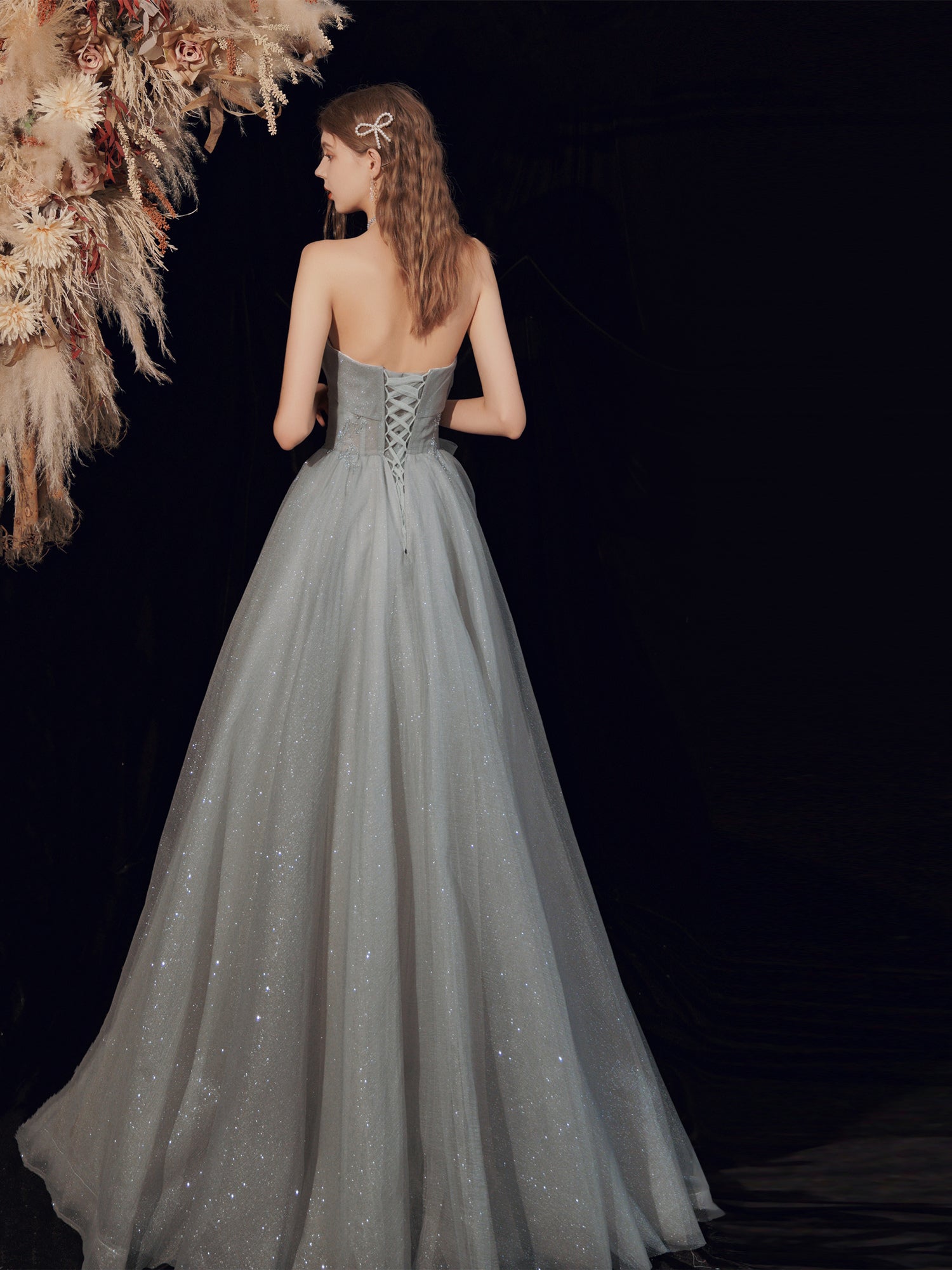 Glitter Strapless Gray Long Prom Dress - DollyGown