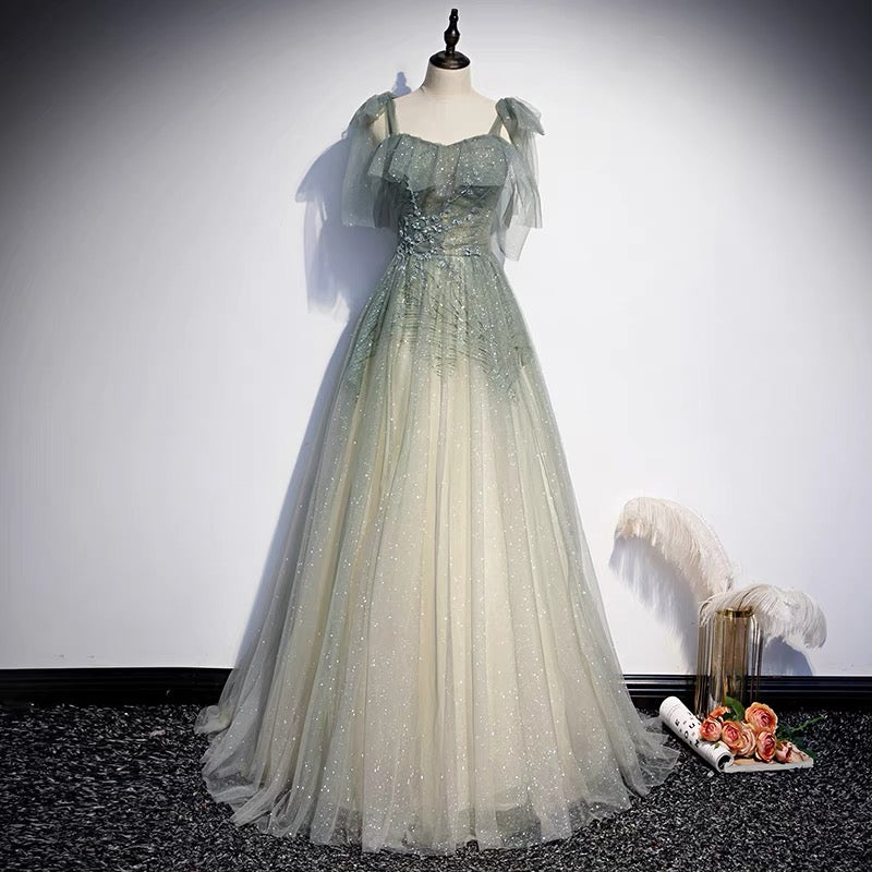 Glitter Gradient Sage Green Tulle Prom Dress -DollyGown