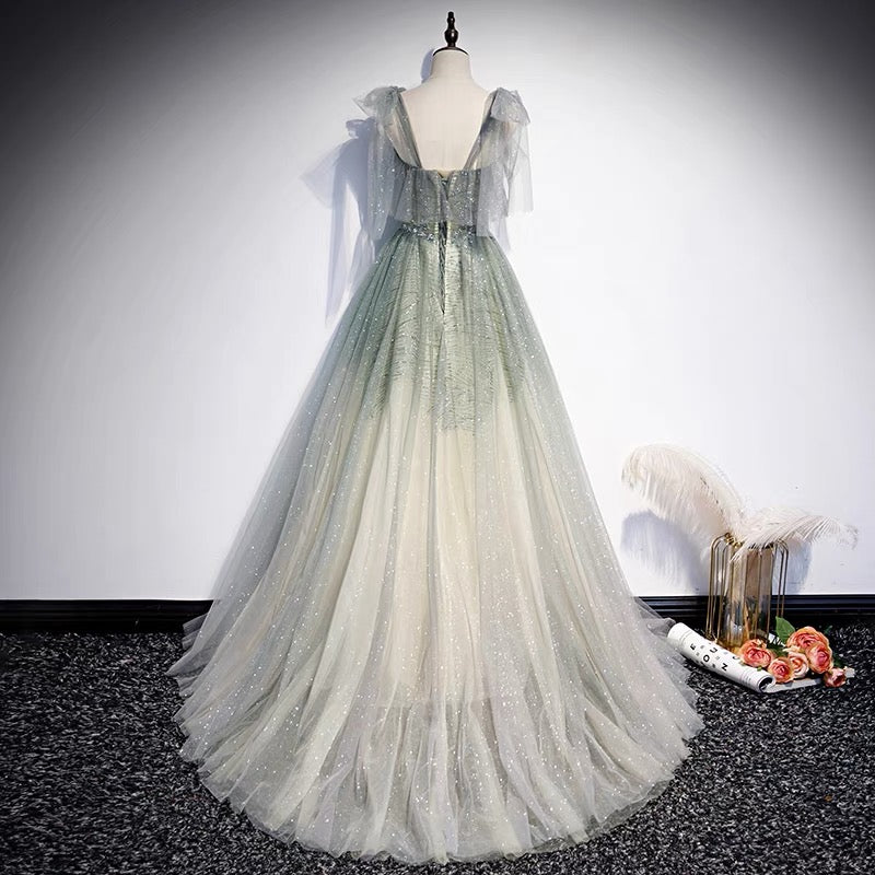 Glitter Gradient Sage Green Tulle Prom Dress -DollyGown