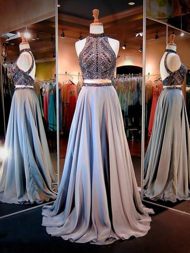 Gray Two Piece Long Prom Dress with Sparkly Beading,MA163-Dolly Gown