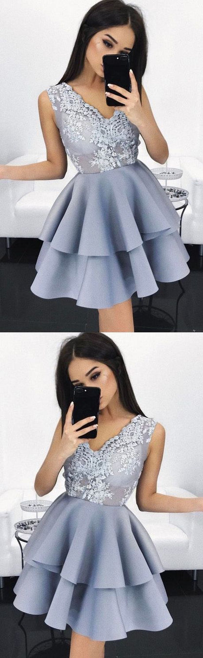 Gray Short V neck Prom Dress,Prom Dress for Teens,Homecoming Dress,GDC1301-Dolly Gown