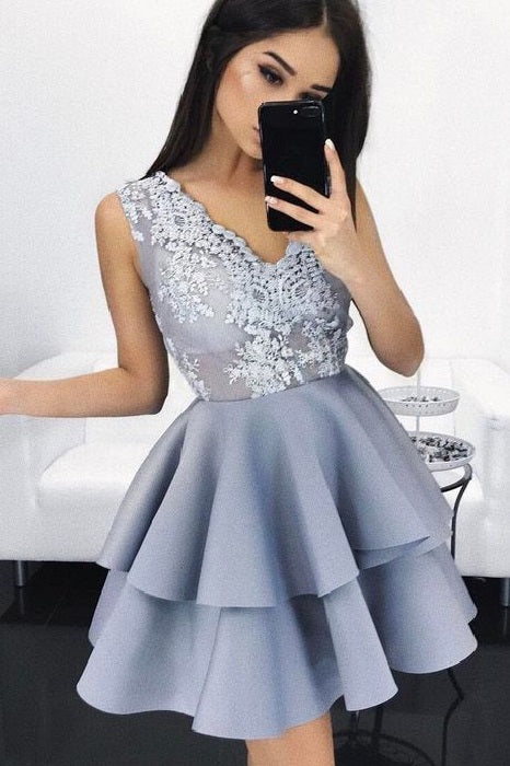 Gray Short V neck Prom Dress,Prom Dress for Teens,Homecoming Dress,GDC1301-Dolly Gown