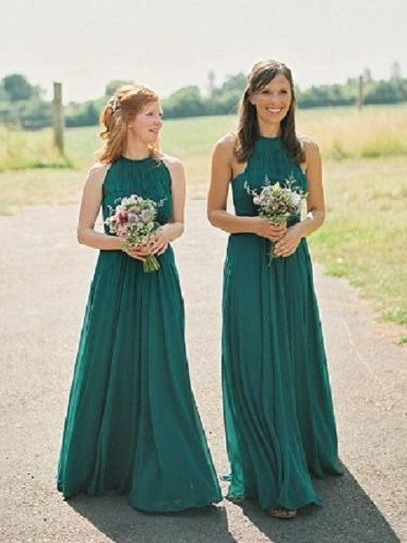 Green Country Chiffon Halter Neck Maxi Bridesmaid Dresses