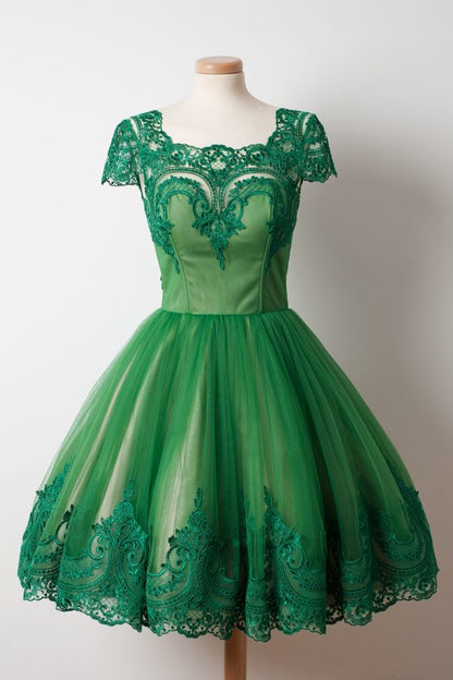 Green Lace Vintage 50s Short Prom Dress - DollyGown