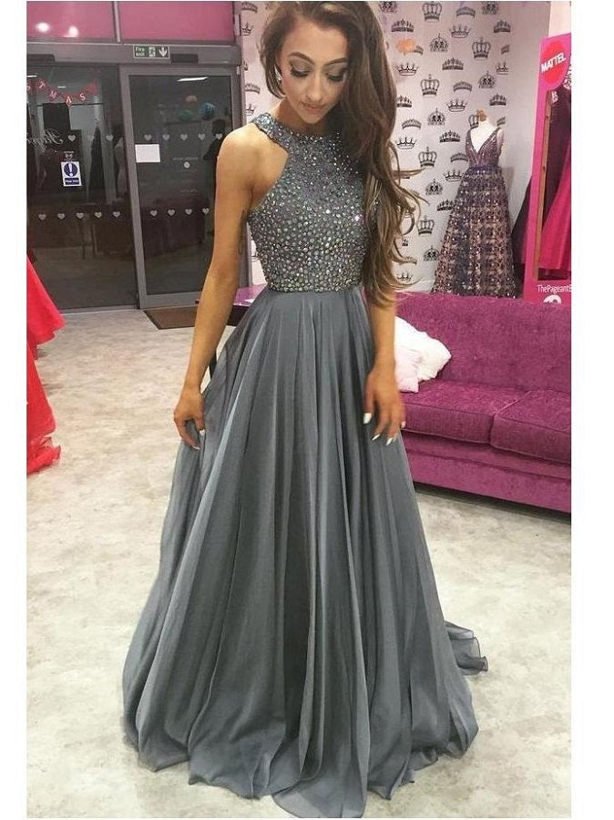 Grey Long Halter Formal Graduation Dress, Grey Prom Dress,GDC1161