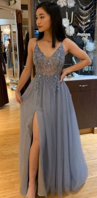 Grey See Through Prom Dress with Side Slit - DollyGown