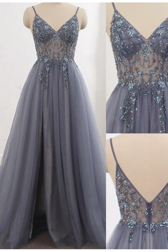 Grey See Through Prom Dress with Side Slit - DollyGown