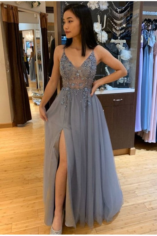 Grey See Through Prom Dress with Side Slit Grey See Through Prom Dress with Side Slit