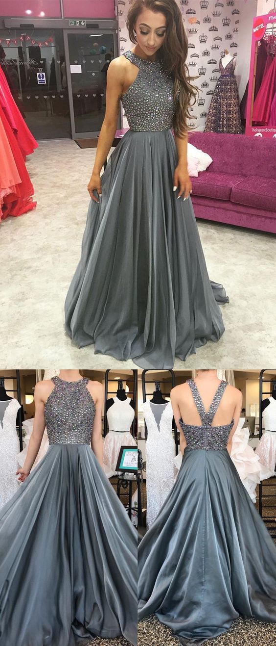 Grey Long Halter Bead Top Formal Graduation Dress Grey Long Halter Bead Top Formal Graduation Dress