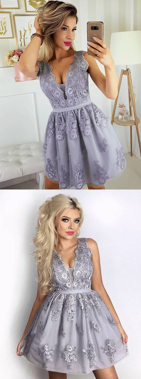 Grey Lace Mini Short Prom Dress for Teens | Middle School Dance Dresses 8th Grade Grey Lace Mini Short Prom Dress for Teens | Middle School Dance Dresses 8th Grade