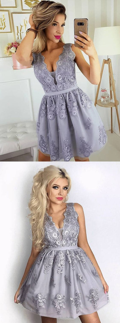 Grey Lace Mini Short Prom Dress for Teens,Middle School Dance Dresses 8th Grade,GDC1314-Dolly Gown