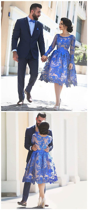 Short Royal Blue Lace Homecoming Dress | Short Prom Dress with Long Sleeves Short Royal Blue Lace Homecoming Dress | Short Prom Dress with Long Sleeves