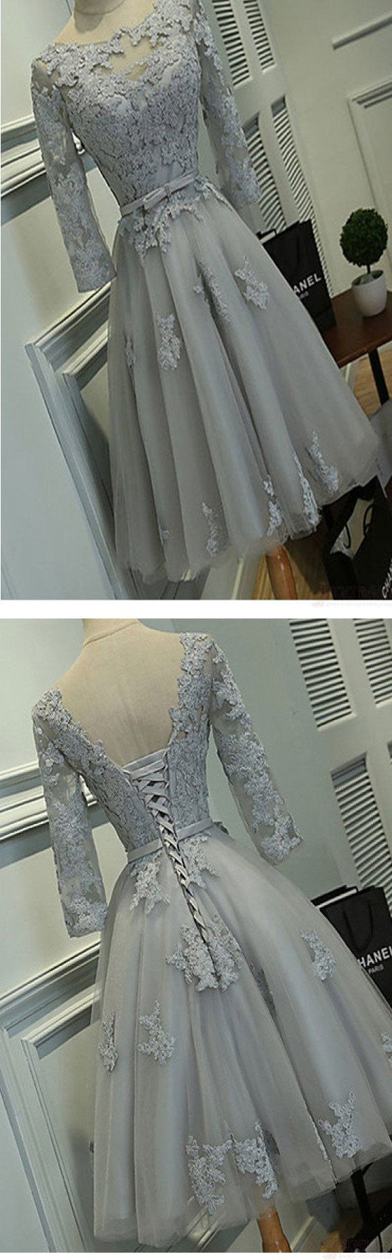 Grey Short Vintage Lace Homecoming Dress with Long Sleeves Grey Short Vintage Lace Homecoming Dress with Long Sleeves