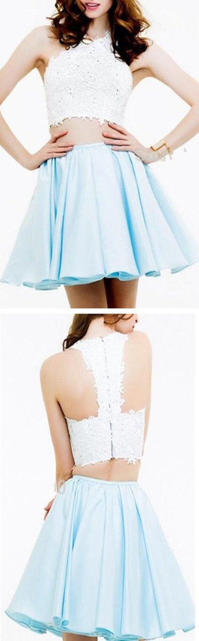 Pale Blue Two Piece Homecoming Dress Sweet 16 Dress with White Lace Top Pale Blue Two Piece Homecoming Dress Sweet 16 Dress with White Lace Top